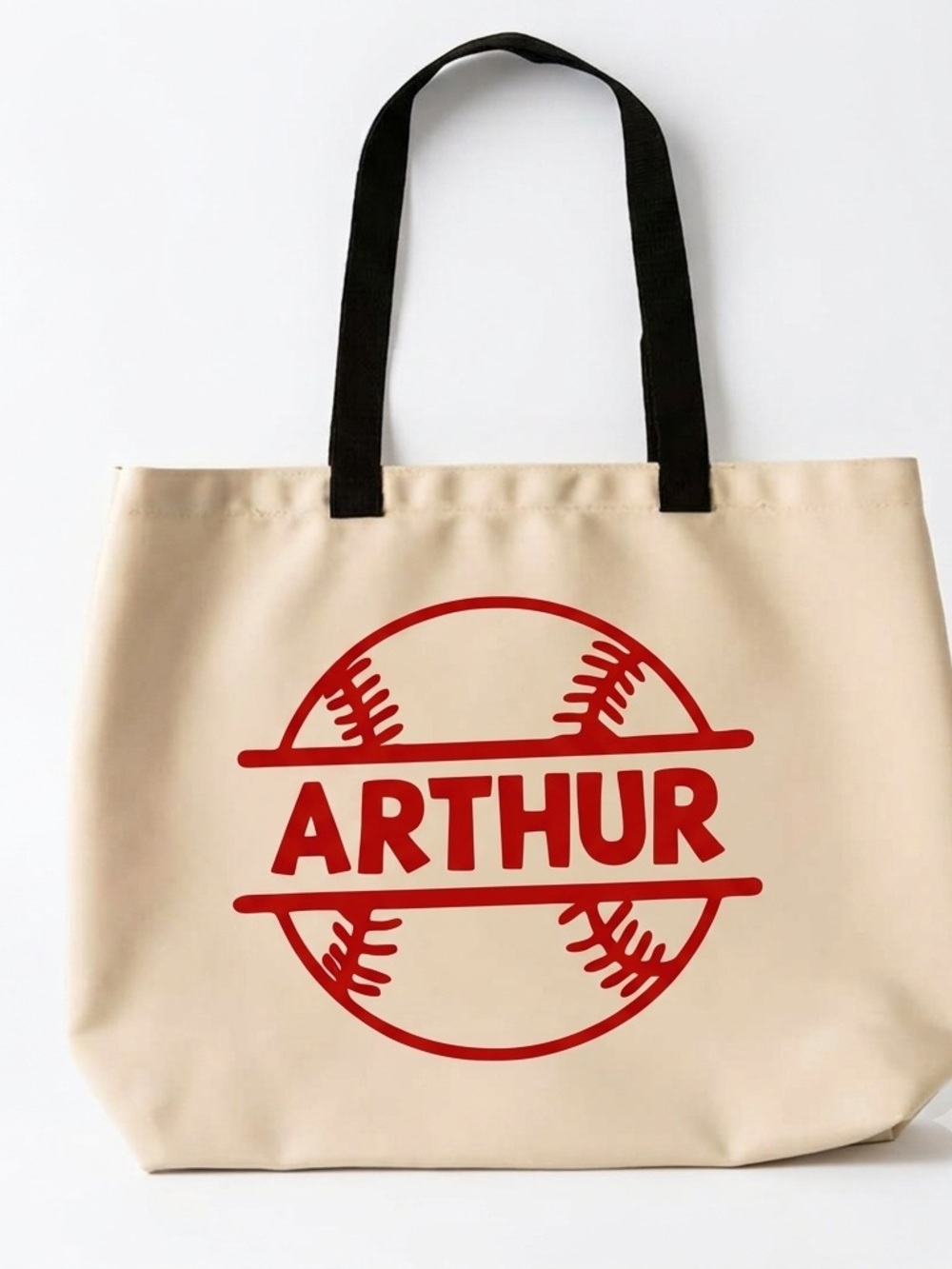 Personalized Beige Canvas Tote Bag with Red Baseball Design